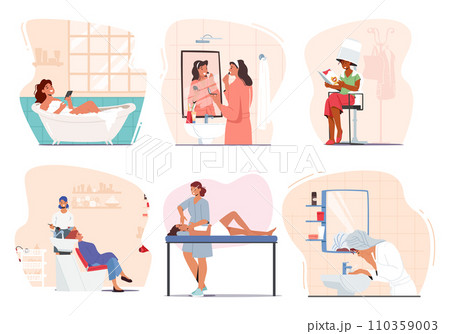 Female Character Beauty Routine Procedures. Woman Applying Makeup, Cleansing, Taking Bath, Making Hairstyle, Wash Face 110359003