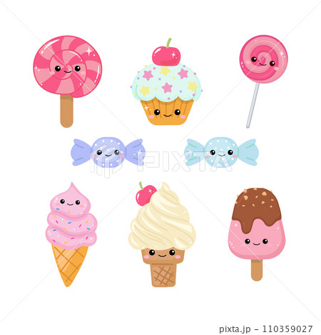 Cute dessert with ice cream, cupcake, and candy collection clipart Cute dessert with ice cream, cupcake, and candy collection clipart 110359027