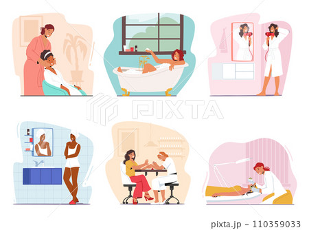 Female Character Beauty Routine And Self-care Procedure. Woman Cleansing, Moisturizing, And Applying Makeup 110359033