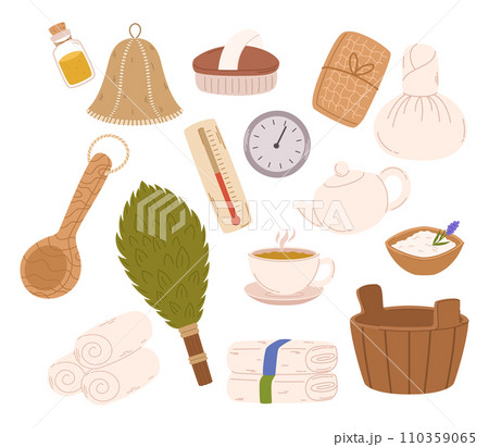Luxurious Spa Sauna Collection Includes Aromatic Oil, Plush Towels, Wooden Ladle, Salt, And Felt Hat. Tea, Brush, Clock Luxurious Spa Sauna Collection Includes Aromatic Oil, Plush Towels, Wooden Ladle, Salt, And Felt Hat. Tea, Brush, Clock 110359065