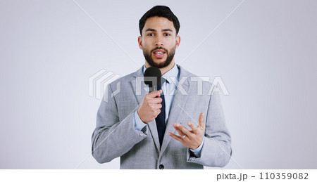 Portrait, man and reporter for news with microphone on white background for mock up with broadcast in studio. Person, journalist and talking for announcement, information or live stream in Mexico 110359082