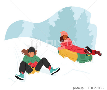 Joyful Kids Sled Down Snowy Hills, Laughter Echoing In The Crisp Winter Air. Bright Scarves Trail Behind, Vector Scene Joyful Kids Sled Down Snowy Hills, Laughter Echoing In The Crisp Winter Air. Bright Scarves Trail Behind, Vector Scene 110359125