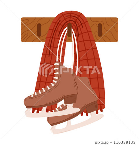 Male Ice Skates Hanging On Laces With Scarf. Special Footwear With Reinforced Ankles And Sturdy Blades Provide Stability Male Ice Skates Hanging On Laces With Scarf. Special Footwear With Reinforced Ankles And Sturdy Blades Provide Stability 110359135