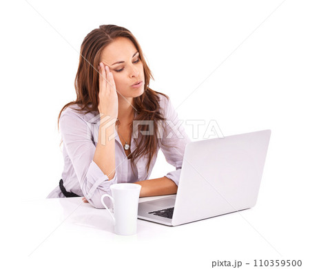 Woman with headache, laptop glitch and burnout, technology fail on white background. Stress, tired worker and mistake online with migraine in studio, 404 on internet with business website crisis Woman with headache, laptop glitch and burnout, technology fail on white background. Stress, tired worker and mistake online with migraine in studio, 404 on internet with business website crisis 110359500