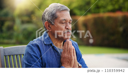 Senior, man or hands praying outdoor for religion, worship and support for jesus christ in garden of home. Elderly, person and prayer for thank you, gratitude and trust in God for praise or salvation Senior, man or hands praying outdoor for religion, worship and support for jesus christ in garden of home. Elderly, person and prayer for thank you, gratitude and trust in God for praise or salvation 110359942