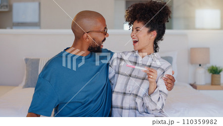 Excited couple, bed and positive pregnancy test for maternity, family or start at home. Closeup of happy man and pregnant woman smile for parenthood, morning or good results in bedroom together Excited couple, bed and positive pregnancy test for maternity, family or start at home. Closeup of happy man and pregnant woman smile for parenthood, morning or good results in bedroom together 110359982