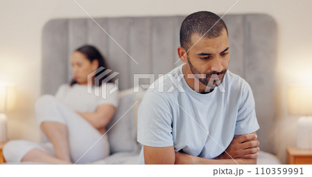 Frustrated couple, bed and breakup in fight, conflict or disagreement from argument or divorce at home. Man and woman ignore in cheating affair, toxic relationship or mistake for drama in bedroom 110359991