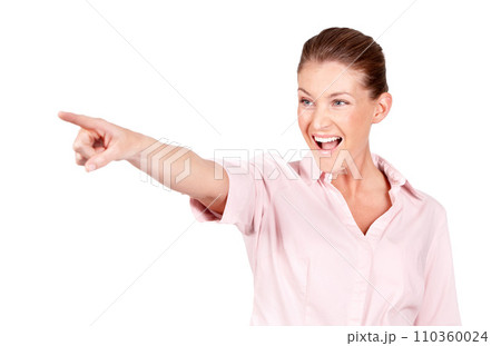 Happy woman, excited and pointing at studio advertising news, sales promotion or discount information, choice or presentation. Smile, ads and model gesture at service notification on white background Happy woman, excited and pointing at studio advertising news, sales promotion or discount information, choice or presentation. Smile, ads and model gesture at service notification on white background 110360024