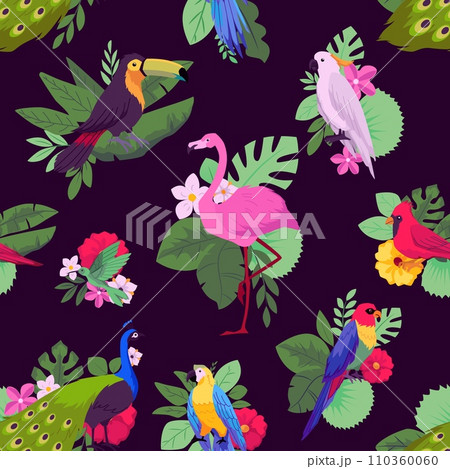 Tropical flora and fauna paradise vector seamless pattern, hummingbird, toucan, Ara parrot, flamingo and exotic flowers 110360060