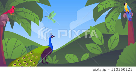 Tropical flora and fauna paradise nature vector landscape, exotic birds and beautiful wild jungle forest with palm trees 110360123