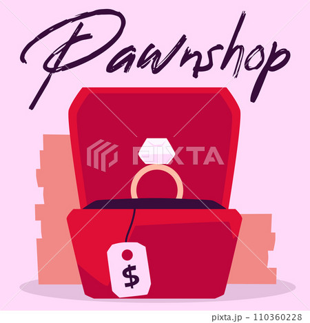 Golden ring with a diamond in red box with price tag, customer buy or sell jewelry and get cash, Pawnshop poster vector 110360228