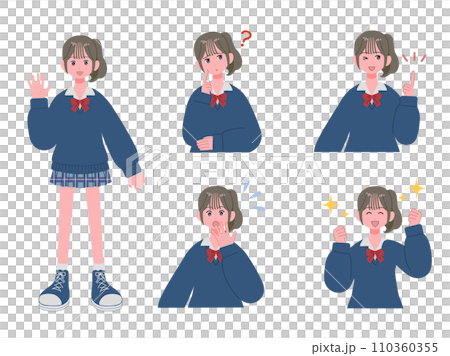 女子生徒の表情とポーズのバリエーションセット 110360355