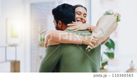 Man, woman and hug with bouquet of flowers for smile, care or love on birthday, anniversary or celebration. Couple, roses and happy for present, gift or surprise for bonding, romance or home together Man, woman and hug with bouquet of flowers for smile, care or love on birthday, anniversary or celebration. Couple, roses and happy for present, gift or surprise for bonding, romance or home together 110360565