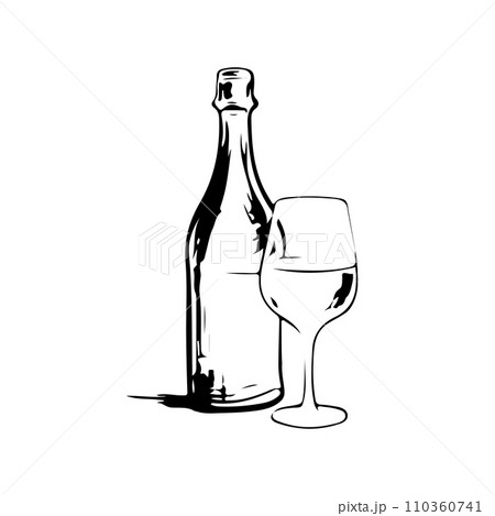 A bottle and a glass of wine illustration, simple sketch, silhouette on white background, doodle minimalistic style A bottle and a glass of wine illustration, simple sketch, silhouette on white background, doodle minimalistic style 110360741