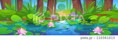 Forest landscape with water lilies on lake surface Forest landscape with water lilies on lake surface 110361015