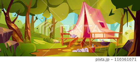 Camping tent on wooden patio in forest. 110361071