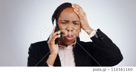 Phone, business woman and angry from scam conversation and anxiety from problem and fail. Studio, white background and frustrated female person with spam communication and identity theft mistake Phone, business woman and angry from scam conversation and anxiety from problem and fail. Studio, white background and frustrated female person with spam communication and identity theft mistake 110361160