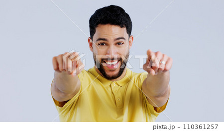 Happy man, portrait and pointing to you for choice, decision and vote for winner, volunteer or recruitment in studio on white background. Indian model, smile and finger for support, emoji and join us Happy man, portrait and pointing to you for choice, decision and vote for winner, volunteer or recruitment in studio on white background. Indian model, smile and finger for support, emoji and join us 110361257
