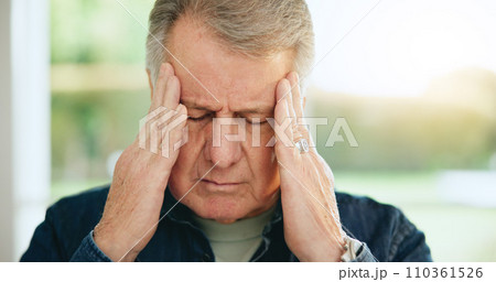 Stress, headache or old man in home with burnout, worry or fatigue in retirement frustrated by debt. Depression anxiety, face or tired elderly person with problem, crisis or head pain with migraine Stress, headache or old man in home with burnout, worry or fatigue in retirement frustrated by debt. Depression anxiety, face or tired elderly person with problem, crisis or head pain with migraine 110361526