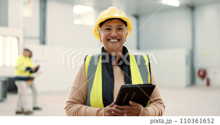 Engineering, woman and tablet at warehouse or construction site for happy inspection or project management. Portrait of industrial and senior manager on digital technology and architecture planning Engineering, woman and tablet at warehouse or construction site for happy inspection or project management. Portrait of industrial and senior manager on digital technology and architecture planning 110361652