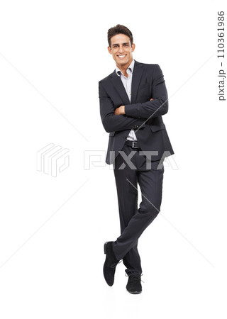 Businessman, suit and happy for portrait, confident and professional on white studio background. Man, young and ready for career, entrepreneur and employer for startup, mockup space and corporate 110361986