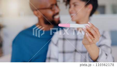 Excited couple, hands and positive pregnancy test for family, start or maternity at home. Closeup of happy man and pregnant woman smile for parenthood, morning or good results in bedroom together Excited couple, hands and positive pregnancy test for family, start or maternity at home. Closeup of happy man and pregnant woman smile for parenthood, morning or good results in bedroom together 110362178