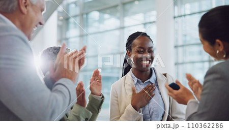 Woman, team and clapping for success, promotion and bonus at work, good news and announcement. Happy black person, wow and celebration for achievement, growth and support for opportunity by applause 110362286