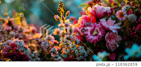 Banner with beautiful spring flowers in the rays of the warm spring sun, congratulations on Valentine's Day and International Women's Day, website page design 110362859