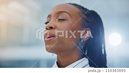 Black woman, breathing and meditation, Businesswoman in a office with zen and calm, healthcare and wellness. Face, peace of mind and mental health, healing and holistic Black woman, breathing and meditation, Businesswoman in a office with zen and calm, healthcare and wellness. Face, peace of mind and mental health, healing and holistic 110363095