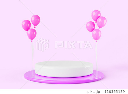 3d render pedestal podium display with balloons on pink background. Round platform for product presentation, birthday party. Prize winner award ceremony. Discount or sale announcement. 3D illustration 110363129