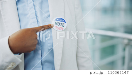Hand, sticker and vote for president election or cast ballot, poll station for government selection. Black person, finger pointing and badge for politics decision support, patriotic or usa opinion 110363147
