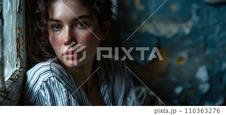 Sad young woman sitting by the window looking at the camera, World Sleep Day banner, woman suffering from insomnia and mental health problems Sad young woman sitting by the window looking at the camera, World Sleep Day banner, woman suffering from insomnia and mental health problems 110363276