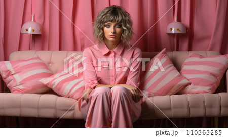 Sad woman in striped pajamas sitting on pink sofa, woman suffering from insomnia, pink banner for World Sleep Day, solution to insomnia and mental health problem 110363285