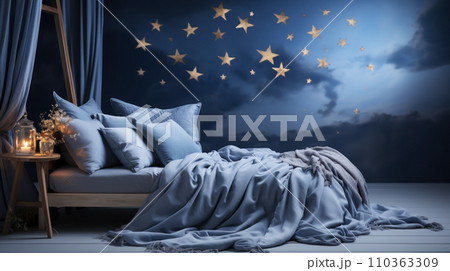 World Sleep Day banner for children's bedroom with wallpaper with starry sky, with space for concept and advertising 110363309