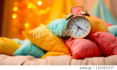 Healthy sleep rhythm and healthcare idea concept for World Sleep Day card, alarm clock on background of colorful pillows and blankets with free space for text 110363317