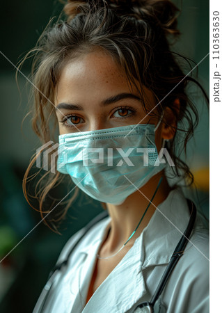 Vertical portrait of a young doctor wearing a medical surgical mask, medicine and healthcare concept 110363630