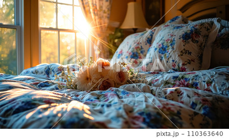 Bouquet of flowers on the bed in the bedroom, sunlight from the window in the room, banner idea concept for World Sleep Day, staying in hotels during vacation and traveling to popular places Bouquet of flowers on the bed in the bedroom, sunlight from the window in the room, banner idea concept for World Sleep Day, staying in hotels during vacation and traveling to popular places 110363640