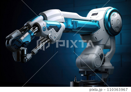 A robotic manipulator for performing technical operations in production is standing in a warehouse, preparing to configure the manipulator. Use of robotic machines in production 110363967