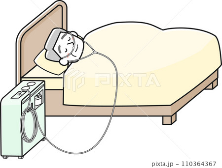 酸素濃縮装置を使用しながら就寝する高齢男性 酸素濃縮装置を使用しながら就寝する高齢男性 110364367
