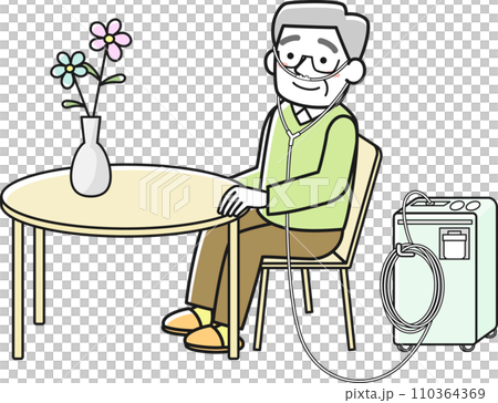 室内で酸素濃縮装置を使用している高齢男性 室内で酸素濃縮装置を使用している高齢男性 110364369