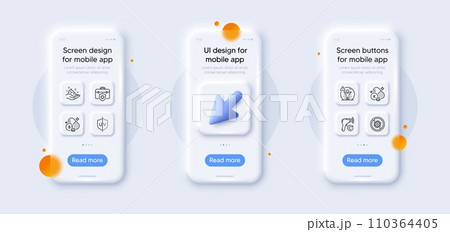 Uv protection, Electronic thermometer and Skin care line icons pack. 3d phone mockups with cursor. Glass smartphone screen. Riboflavin vitamin, Stop coronavirus, Social distance web icon. Vector 110364405