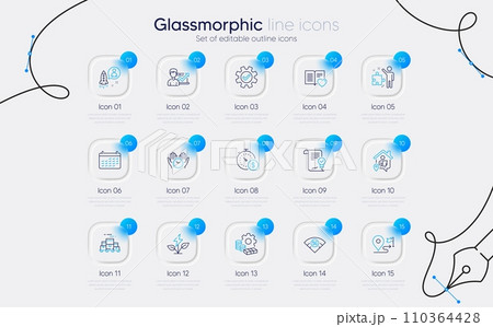 Set of Safe time, Eco power and Calendar line icons for web app. Journey, Last minute, Money icons. 5g wifi, Love book, Startup signs. Work home, Boxes pallet, Success business. Service. Vector 110364428