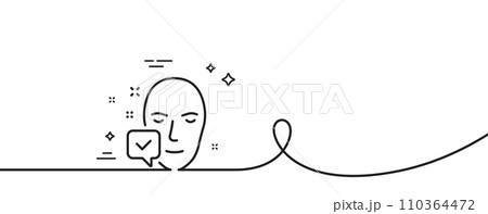 Face accepted line icon. Continuous one line with curl. Access granted sign. Facial identification success symbol. Face accepted single outline ribbon. Loop curve pattern. Vector 110364472