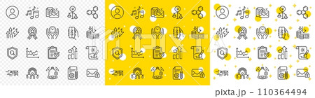 Outline Diagram chart, Ranking stars and Creative painting line icons pack for web with Inclusion, Accounting report, Documentation line icon. Music, Survey checklist, Education pictogram icon. Vector 110364494