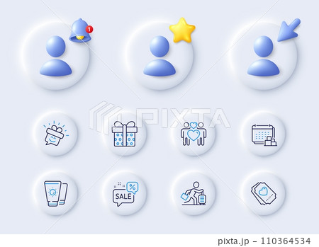 Smile, Sunscreen and Delivery line icons. Placeholder with 3d cursor, bell, star. Pack of Love couple, Love ticket, Travel delay icon. Discounts bubble, Gift box pictogram. Vector 110364534
