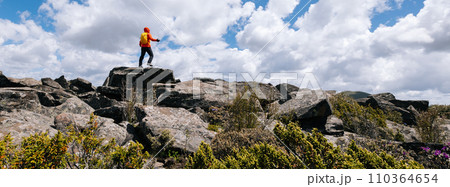 Hands on steering wheel driving car in city 110364654