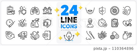 Icons set of Coronavirus pills, Medical mask and Uv protection line icons pack for app with Wash hands, Veins, Stop coronavirus thin outline icon. Emergency call, Nasal test. Vector Icons set of Coronavirus pills, Medical mask and Uv protection line icons pack for app with Wash hands, Veins, Stop coronavirus thin outline icon. Emergency call, Nasal test. Vector 110364896