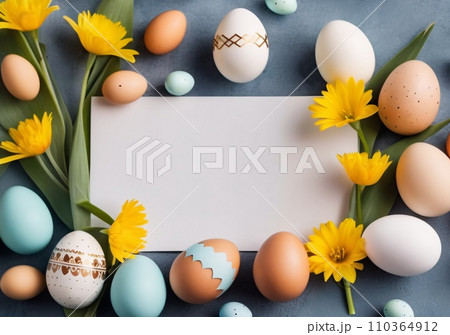 Realistic Easter greeting card, banner with flowers, Easter eggs and and flowers. 110364912