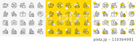 Travel bag size, Check weight and Backpack set. Baggage line icons. Airport luggage belt, handbag dimensions and baggage claim line icons. Check bag size, allowed luggage and briefcase. Vector 110364991