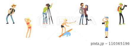 People Character Take Photo Posing and Smiling and Cameraman Vector Set 110365196